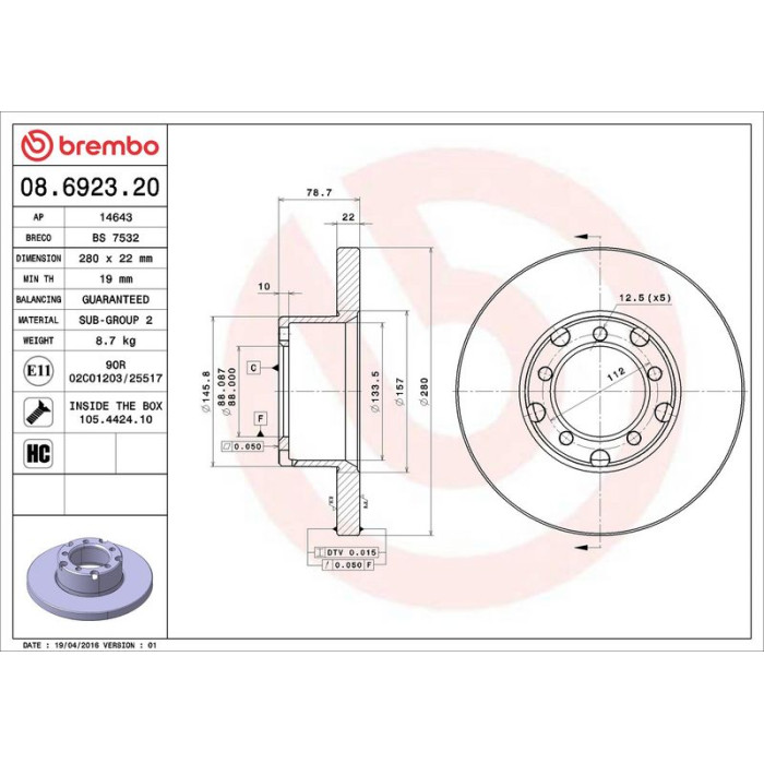 Brembo 08.6923.20 Bremsscheibe PRIME LINE Brembo 08.6923.20 Bremsscheibe PRIME LINE