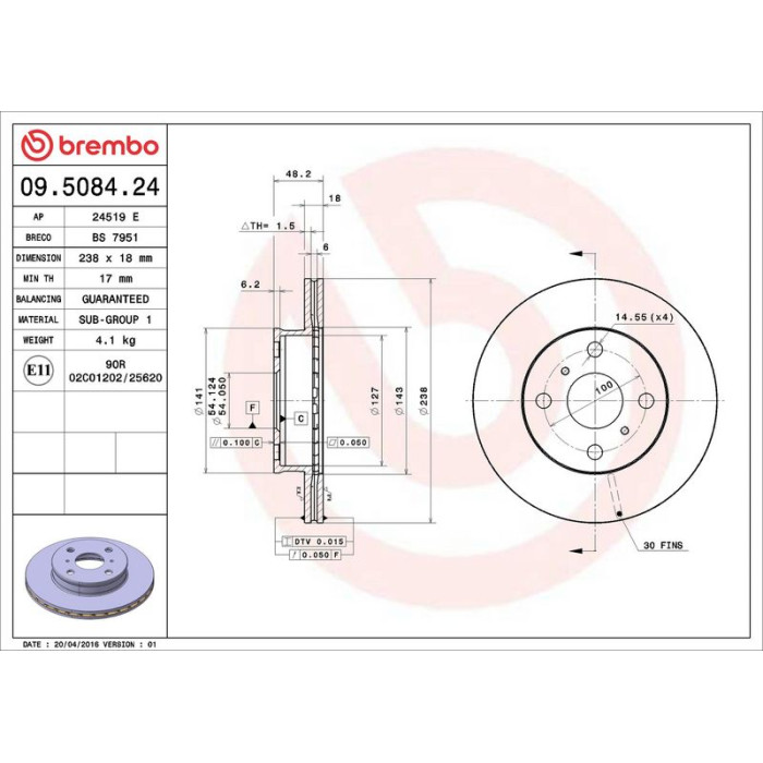 Brembo 09.5084.24 Bremsscheibe PRIME LINE Brembo 09.5084.24 Bremsscheibe PRIME LINE