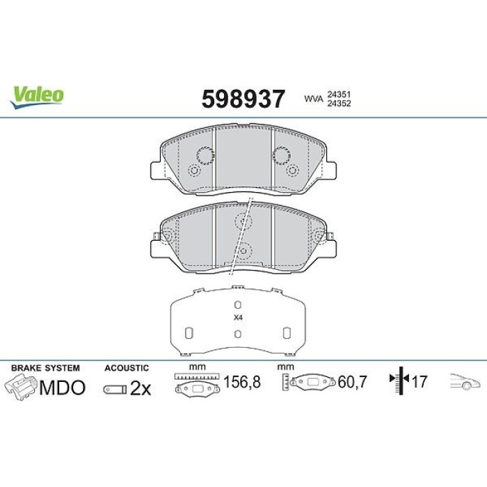 Valeo 598937 Bremsbelagsatz, Scheibenbremse Valeo 598937 Bremsbelagsatz, Scheibenbremse
