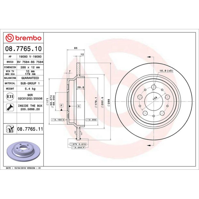 Brembo 08.7765.11 Bremsscheibe PRIME LINE - UV Coated
