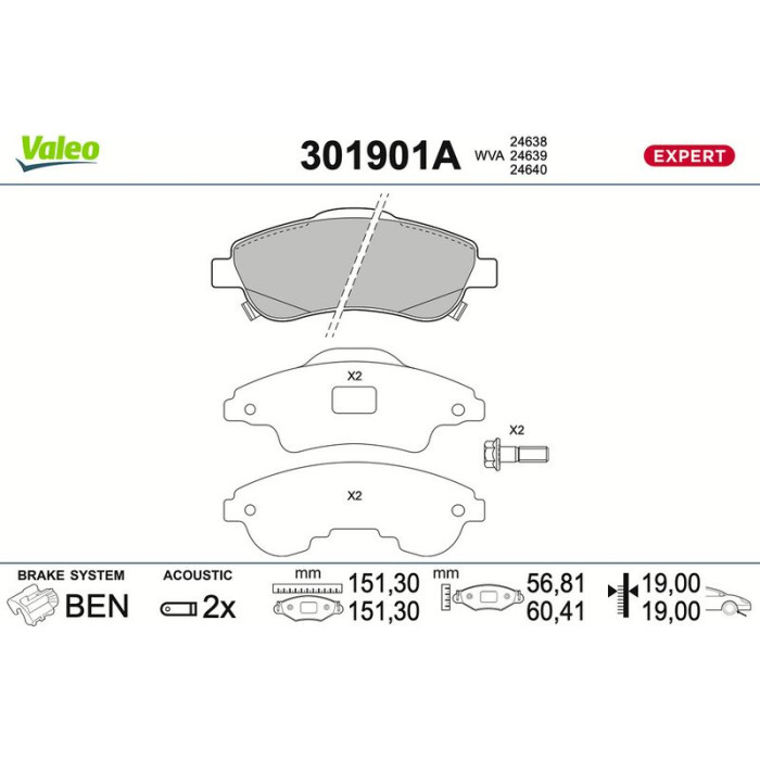 Valeo 301901A Bremsbelagsatz, Scheibenbremse EXPERT Valeo 301901A Bremsbelagsatz, Scheibenbremse EXPERT