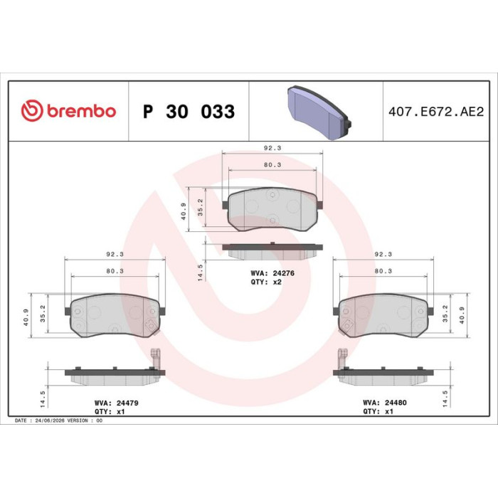 Brembo P 30 033 Bremsbelagsatz, Scheibenbremse PRIME LINE Brembo P 30 033 Bremsbelagsatz, Scheibenbremse PRIME LINE
