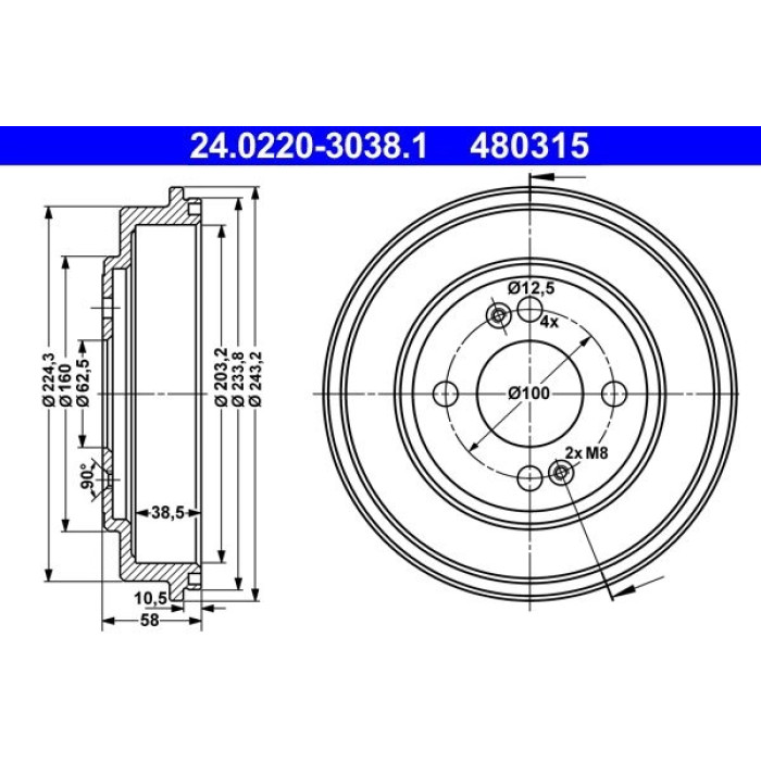 ATE 24.0220-3038.1 Bremstrommel