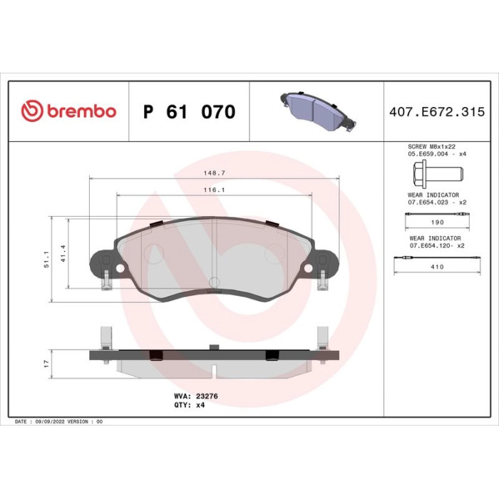 Brembo P 61 070 Bremsbelagsatz, Scheibenbremse PRIME LINE