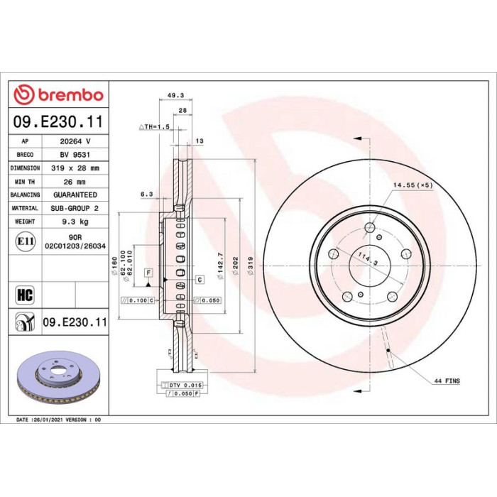 Brembo 09.E230.11 Bremsscheibe PRIME LINE - UV Coated