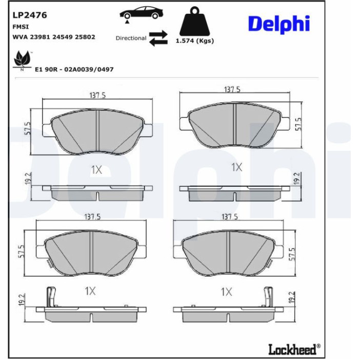 Delphi LP2476 Bremsbelagsatz, Scheibenbremse Delphi LP2476 Bremsbelagsatz, Scheibenbremse