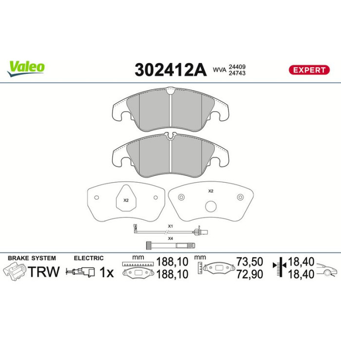 Valeo 302412A Bremsbelagsatz, Scheibenbremse EXPERT Valeo 302412A Bremsbelagsatz, Scheibenbremse EXPERT