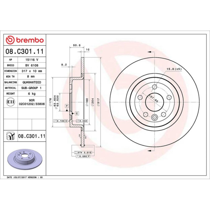 Brembo 08.C301.11 Bremsscheibe PRIME LINE - UV Coated Brembo 08.C301.11 Bremsscheibe PRIME LINE - UV Coated