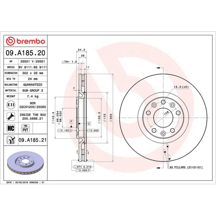 Brembo 09.A185.21 Bremsscheibe PRIME LINE - UV Coated
