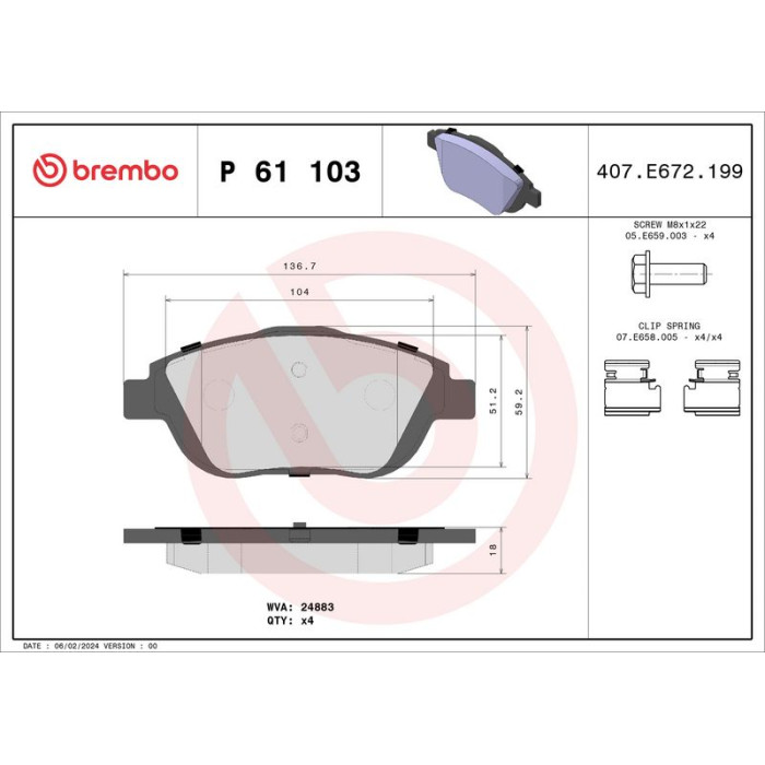 Brembo P 61 103 Bremsbelagsatz, Scheibenbremse PRIME LINE Brembo P 61 103 Bremsbelagsatz, Scheibenbremse PRIME LINE