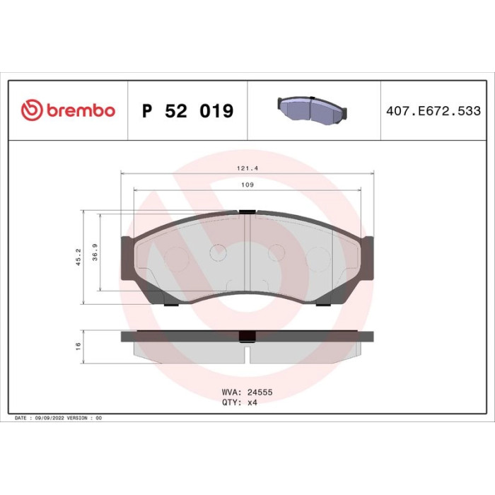 Brembo P 52 019 Bremsbelagsatz, Scheibenbremse PRIME LINE Brembo P 52 019 Bremsbelagsatz, Scheibenbremse PRIME LINE