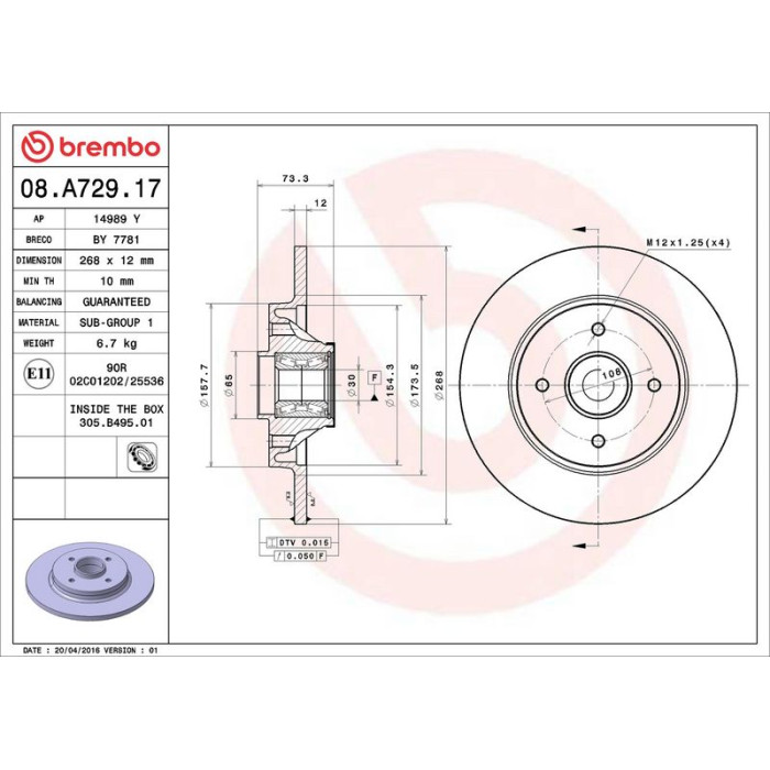 Brembo 08.A729.17 Bremsscheibe PRIME LINE - With Bearing Kit Brembo 08.A729.17 Bremsscheibe PRIME LINE - With Bearing Kit