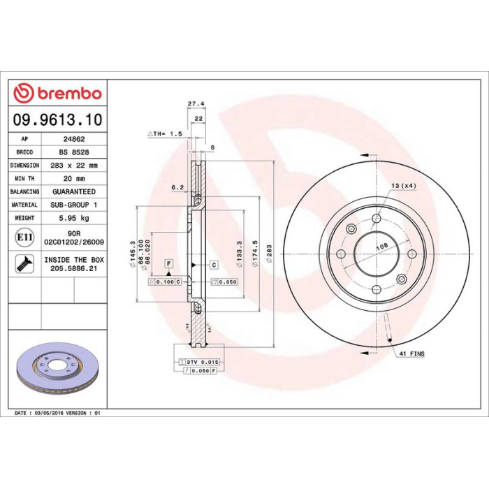 Brembo 09.9613.10 Bremsscheibe PRIME LINE Brembo 09.9613.10 Bremsscheibe PRIME LINE