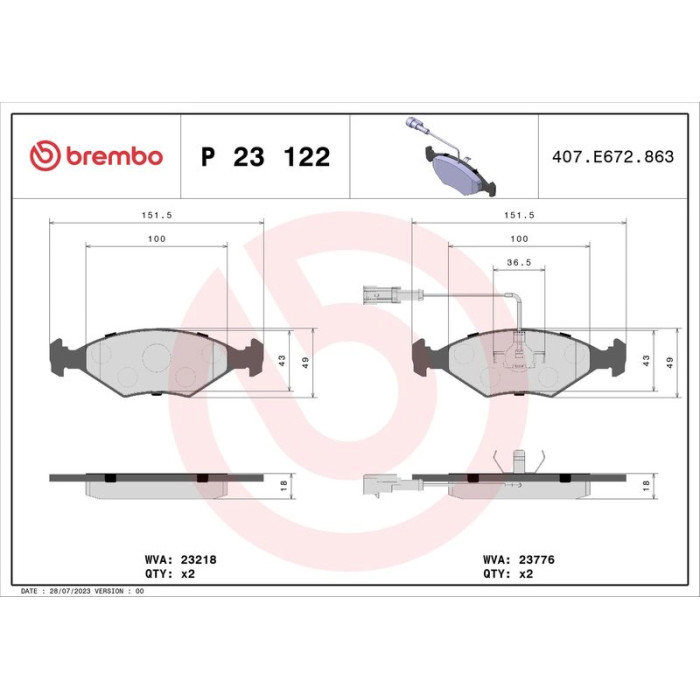 Brembo P 23 122 Bremsbelagsatz, Scheibenbremse PRIME LINE Brembo P 23 122 Bremsbelagsatz, Scheibenbremse PRIME LINE