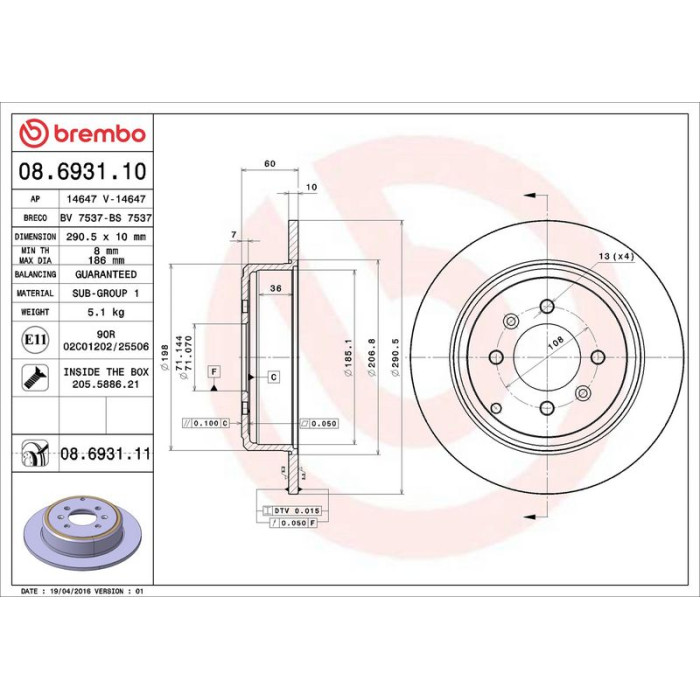 Brembo 08.6931.11 Bremsscheibe PRIME LINE - UV Coated