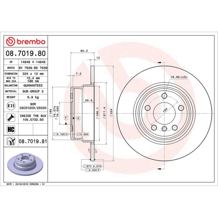 Brembo 08.7019.81 Bremsscheibe PRIME LINE - UV Coated
