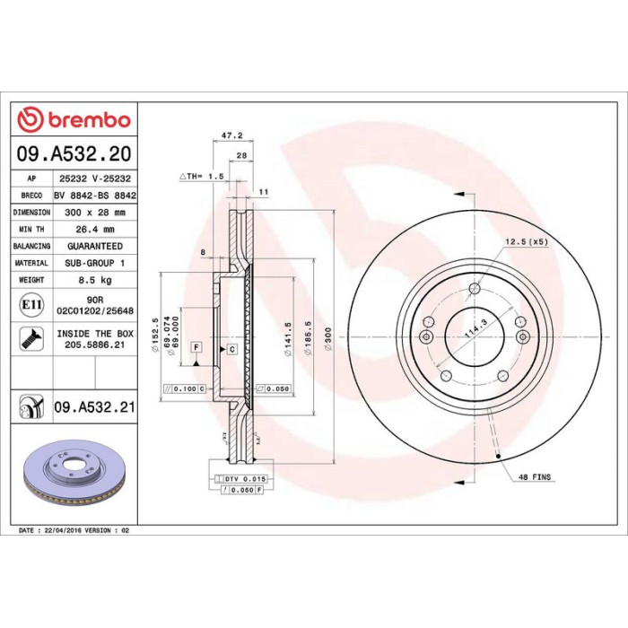 Brembo 09.A532.21 Bremsscheibe PRIME LINE - UV Coated
