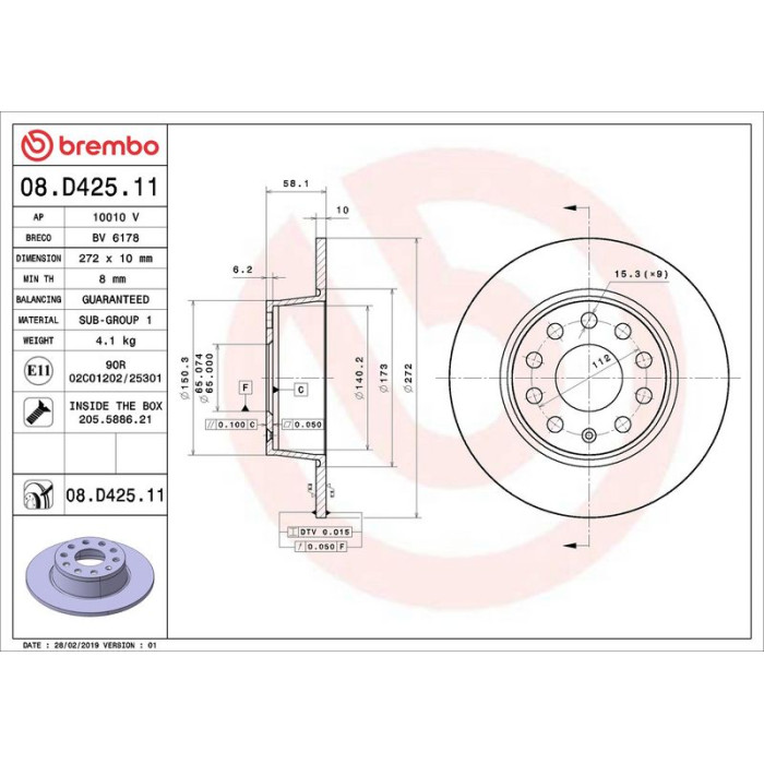 Brembo 08.D425.11 Bremsscheibe PRIME LINE - UV Coated