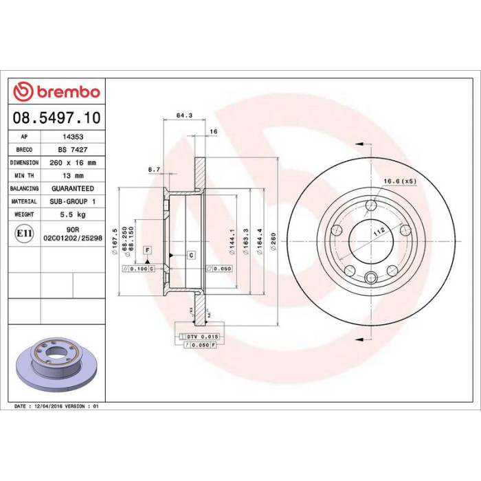 Brembo 08.5497.10 Bremsscheibe PRIME LINE Brembo 08.5497.10 Bremsscheibe PRIME LINE