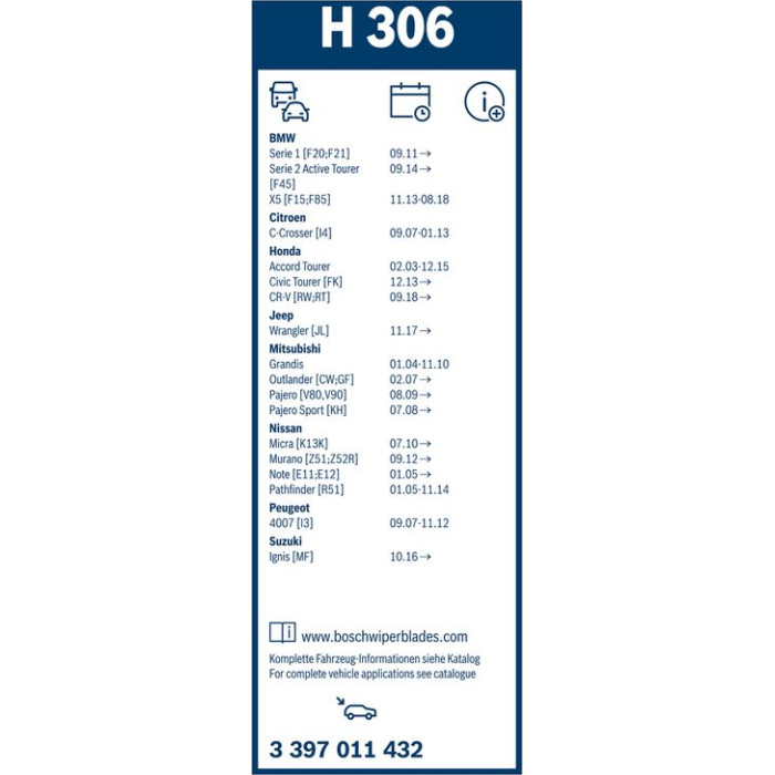 BOSCH H 306 Scheibenwischer Rear 3 397 011 432 BOSCH H 306 Scheibenwischer Rear 3 397 011 432