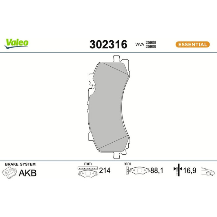 Valeo 302316 Bremsbelagsatz, Scheibenbremse ESSENTIAL Valeo 302316 Bremsbelagsatz, Scheibenbremse ESSENTIAL