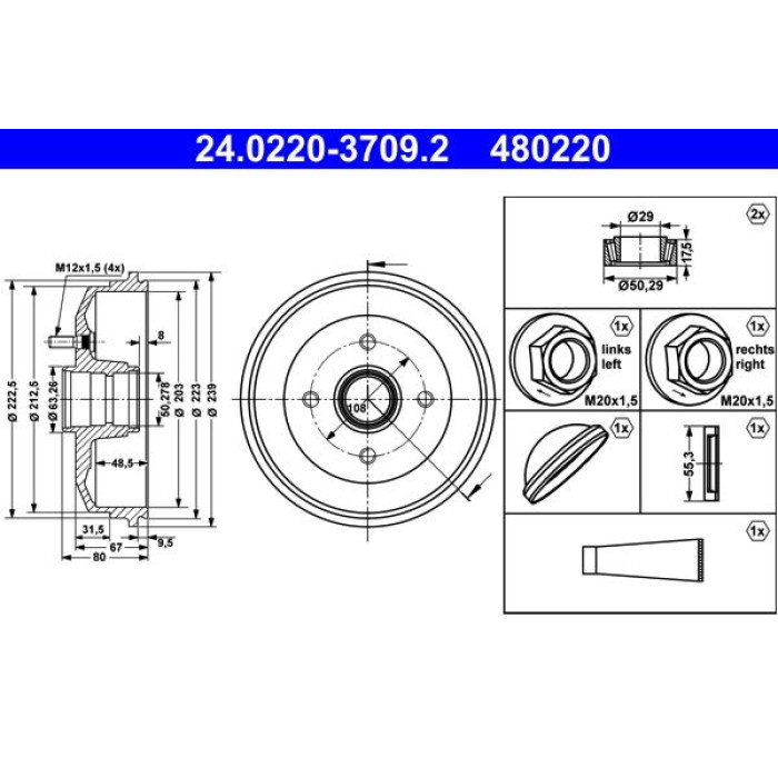 ATE 24.0220-3709.2 Bremstrommel mit Radlager, ohne ABS-Sensorring, mit Radbefestigungsbolzen, 239,0mm ATE 24.0220-3709.2 Bremstrommel mit Radlager, ohne ABS-Sensorring, mit Radbefestigungsbolzen, 239,0mm