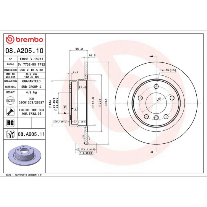 Brembo 08.A205.11 Bremsscheibe PRIME LINE - UV Coated