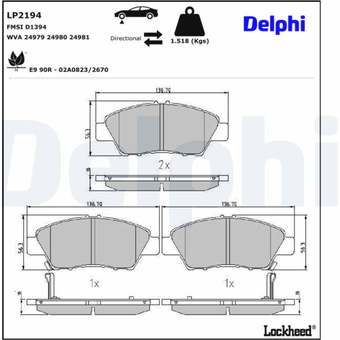 Delphi LP2194 Bremsbelagsatz, Scheibenbremse Delphi LP2194 Bremsbelagsatz, Scheibenbremse