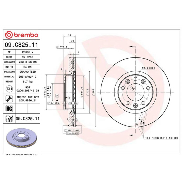 Brembo 09.C825.11 Bremsscheibe PRIME LINE - UV Coated Brembo 09.C825.11 Bremsscheibe PRIME LINE - UV Coated