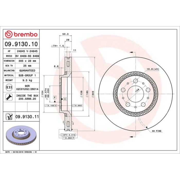 Brembo 09.9130.11 Bremsscheibe PRIME LINE - UV Coated