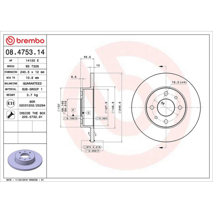 Brembo 08.4753.14 Bremsscheibe PRIME LINE Brembo 08.4753.14 Bremsscheibe PRIME LINE