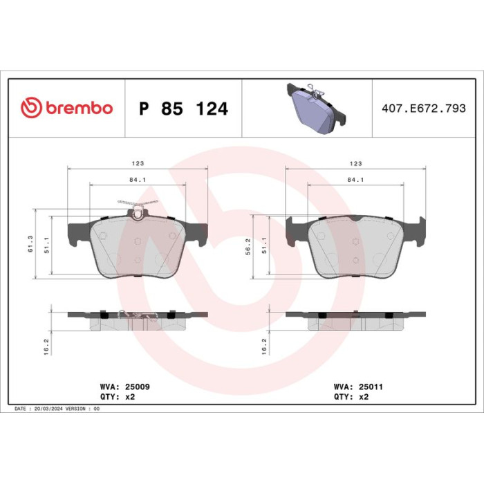 Brembo P 85 124 Bremsbelagsatz, Scheibenbremse PRIME LINE Brembo P 85 124 Bremsbelagsatz, Scheibenbremse PRIME LINE