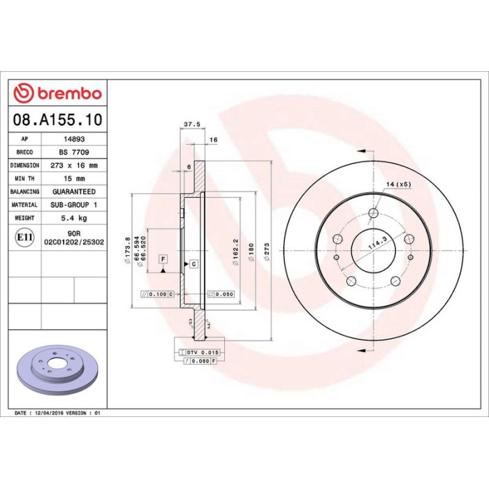 Brembo 08.A155.10 Bremsscheibe PRIME LINE
