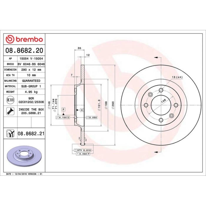 Brembo 08.8682.21 Bremsscheibe PRIME LINE - UV Coated