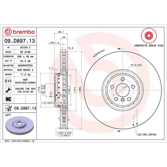 2x Brembo 09.D897.13 Bremsscheibe PRIME LINE - Composite