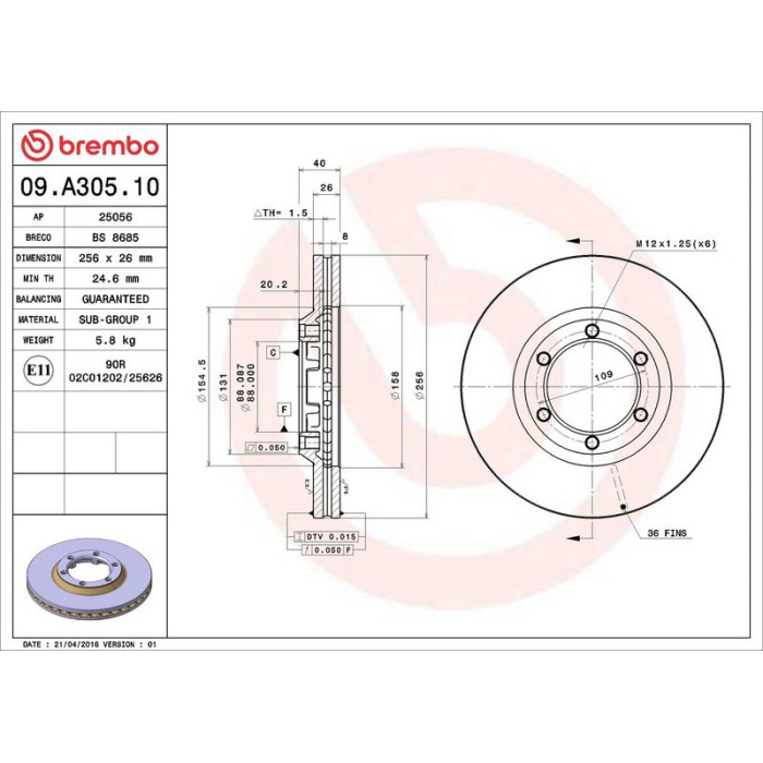 Brembo 09.A305.10 Bremsscheibe PRIME LINE Brembo 09.A305.10 Bremsscheibe PRIME LINE