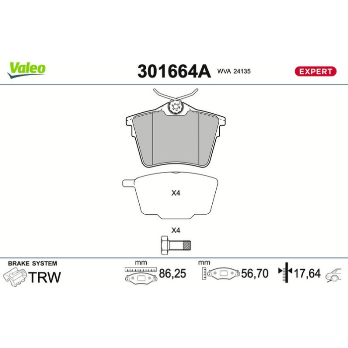 Valeo 301664A Bremsbelagsatz, Scheibenbremse EXPERT Valeo 301664A Bremsbelagsatz, Scheibenbremse EXPERT