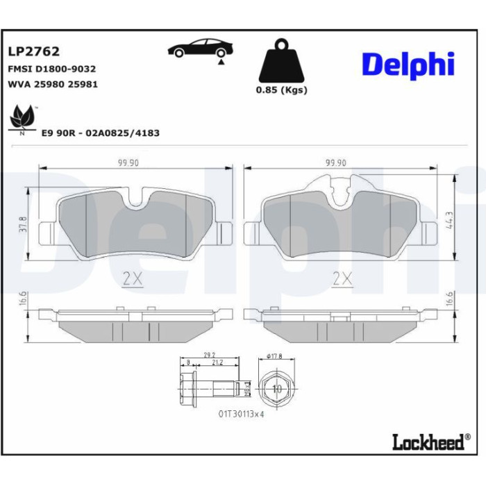 Delphi LP2762 Bremsbelagsatz, Scheibenbremse Delphi LP2762 Bremsbelagsatz, Scheibenbremse