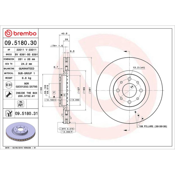 Brembo 09.5180.31 Bremsscheibe PRIME LINE - UV Coated Brembo 09.5180.31 Bremsscheibe PRIME LINE - UV Coated