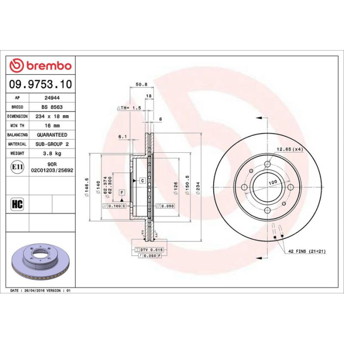 Brembo 09.9753.10 Bremsscheibe PRIME LINE Brembo 09.9753.10 Bremsscheibe PRIME LINE