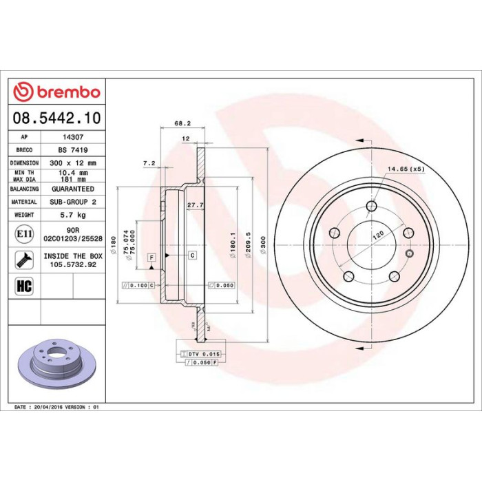 Brembo 08.5442.10 Bremsscheibe PRIME LINE Brembo 08.5442.10 Bremsscheibe PRIME LINE