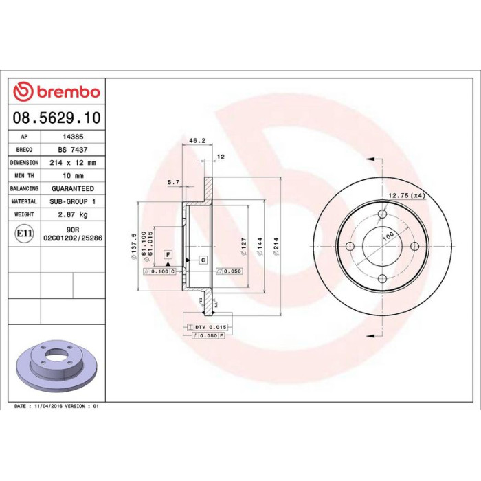 Brembo 08.5629.10 Bremsscheibe PRIME LINE Brembo 08.5629.10 Bremsscheibe PRIME LINE