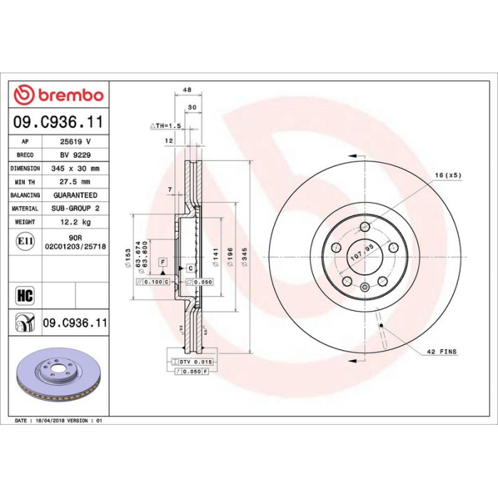 Brembo 09.C936.11 Bremsscheibe PRIME LINE - UV Coated
