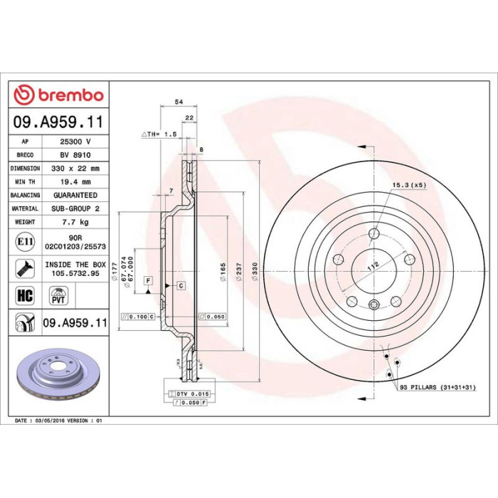 Brembo 09.A959.11 Bremsscheibe PRIME LINE - UV Coated