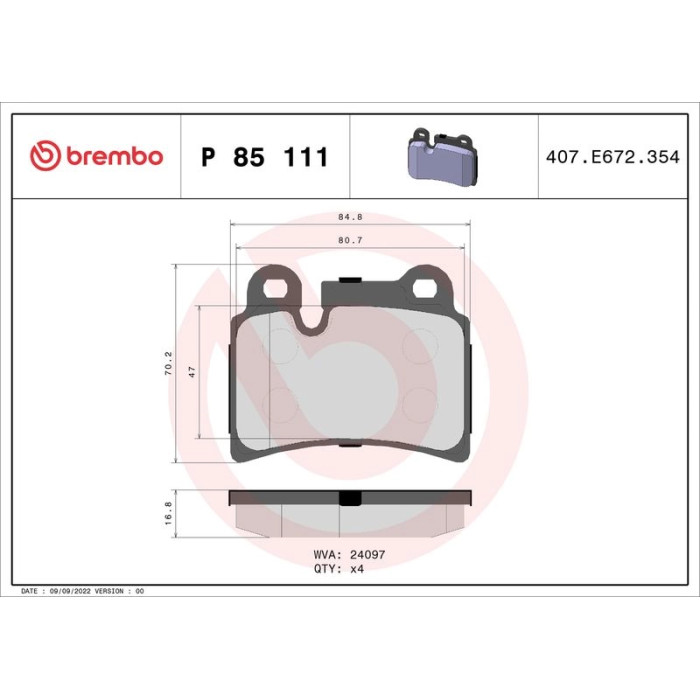 Brembo P 85 111 Bremsbelagsatz, Scheibenbremse PRIME LINE Brembo P 85 111 Bremsbelagsatz, Scheibenbremse PRIME LINE