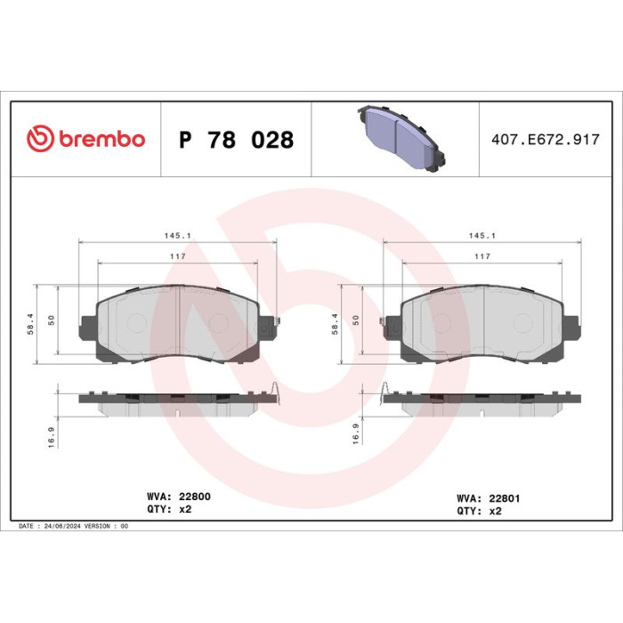 Brembo P 78 028 Bremsbelagsatz, Scheibenbremse PRIME LINE