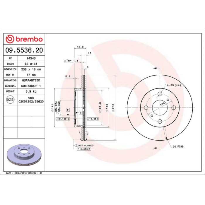 Brembo 09.5536.20 Bremsscheibe PRIME LINE Brembo 09.5536.20 Bremsscheibe PRIME LINE