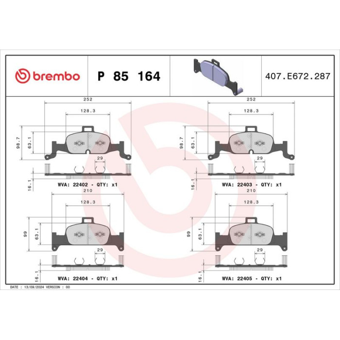 Brembo P 85 164 Bremsbelagsatz, Scheibenbremse PRIME LINE Brembo P 85 164 Bremsbelagsatz, Scheibenbremse PRIME LINE