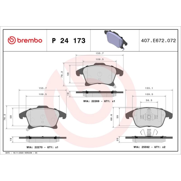 Brembo P 24 173 Bremsbelagsatz, Scheibenbremse PRIME LINE Brembo P 24 173 Bremsbelagsatz, Scheibenbremse PRIME LINE
