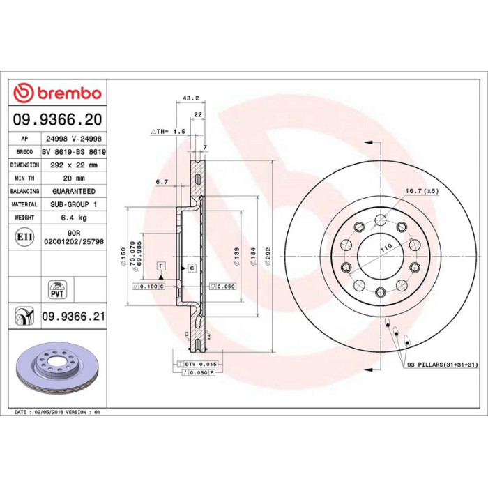 Brembo 09.9366.21 Bremsscheibe PRIME LINE - UV Coated Brembo 09.9366.21 Bremsscheibe PRIME LINE - UV Coated